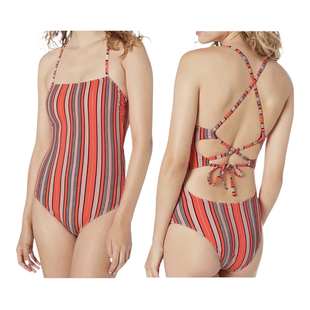 Hot Water Classic One Piece Swimsuit High Leg Orange Stripe Junior's Small $60